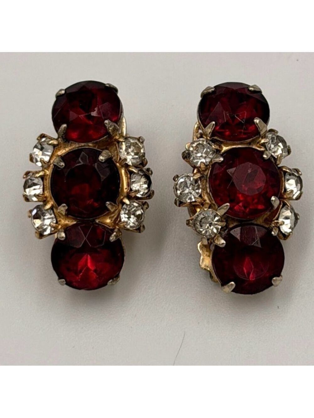 Vintage Ruby Red & Clear Rhinestone Clip-On Earrings 2319 - Picture 2 of 3